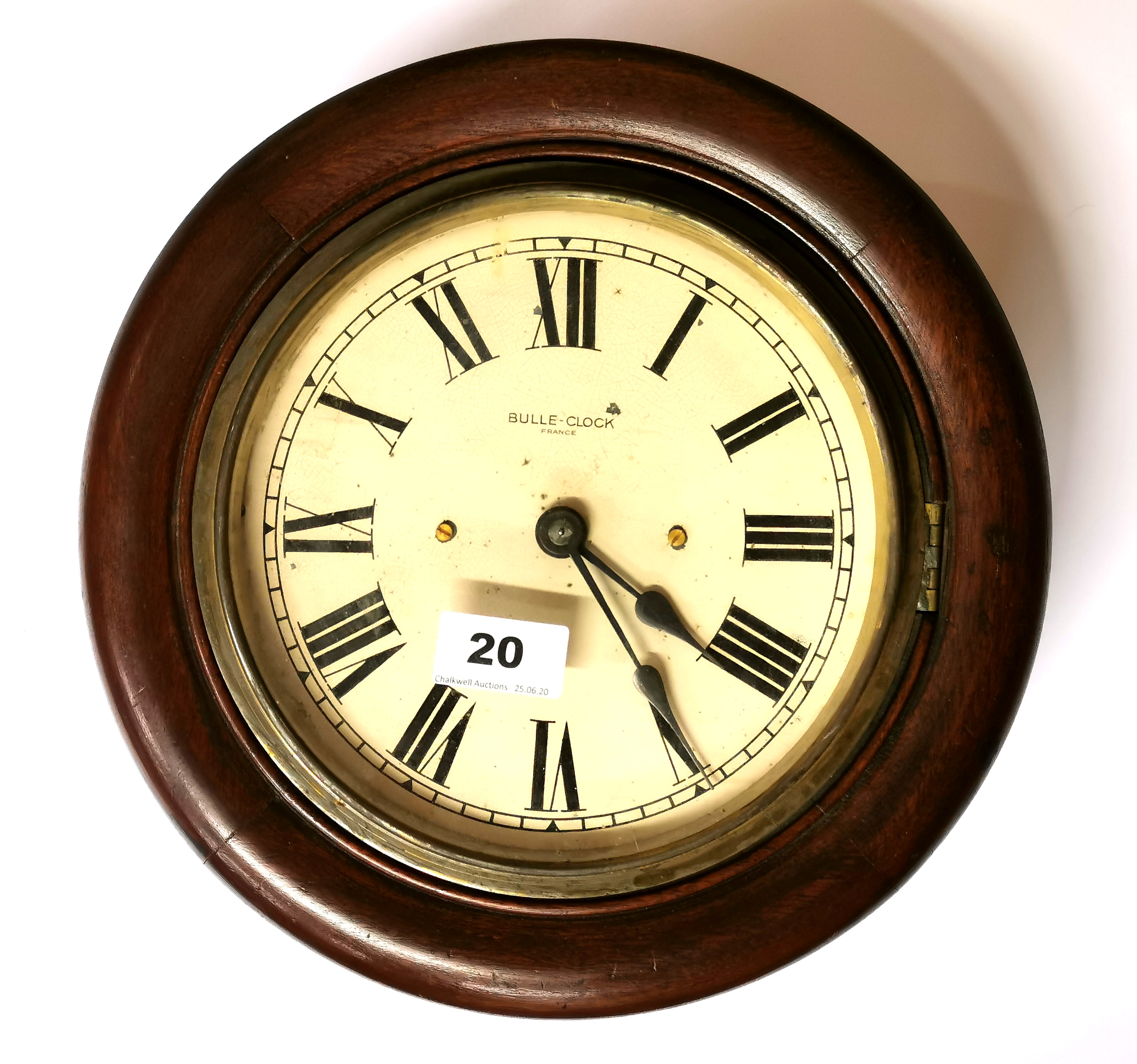 A French Boulle-clock mahogany cased wall clock with original battery movement, Dia. 30cm.