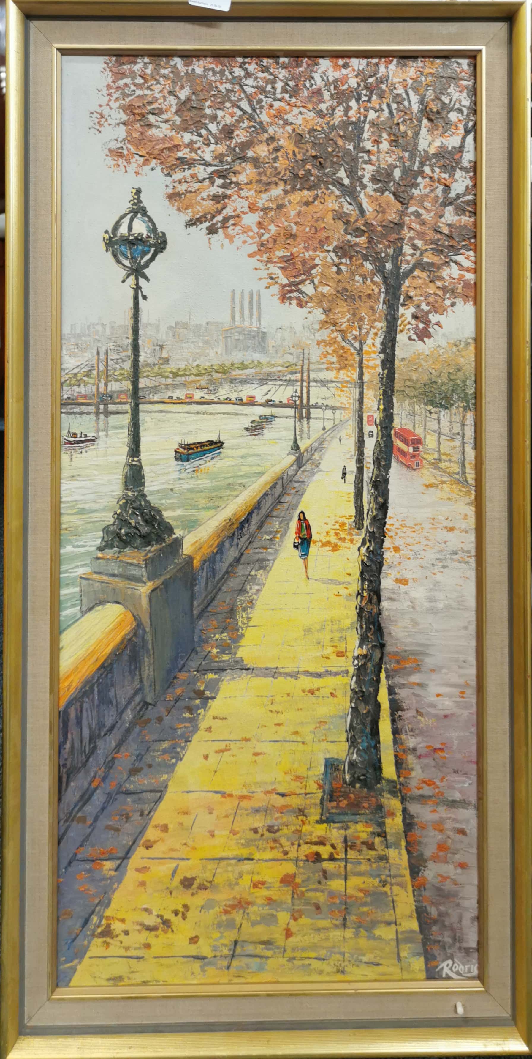 A 1960's gilt framed oil on canvas of London with Battersea power station in the background,