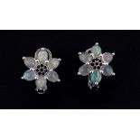 A pair of 925 silver cluster earrings set with cabochon cut opals and black spinels, L. 1.7cm.
