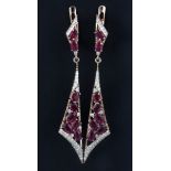 A pair of 925 silver rose gold gilt drop earrings set with oval cut rubies and white stones, L.