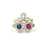 A Victorian double heart ring set with sapphire, ruby and single cut diamonds, (N.5).