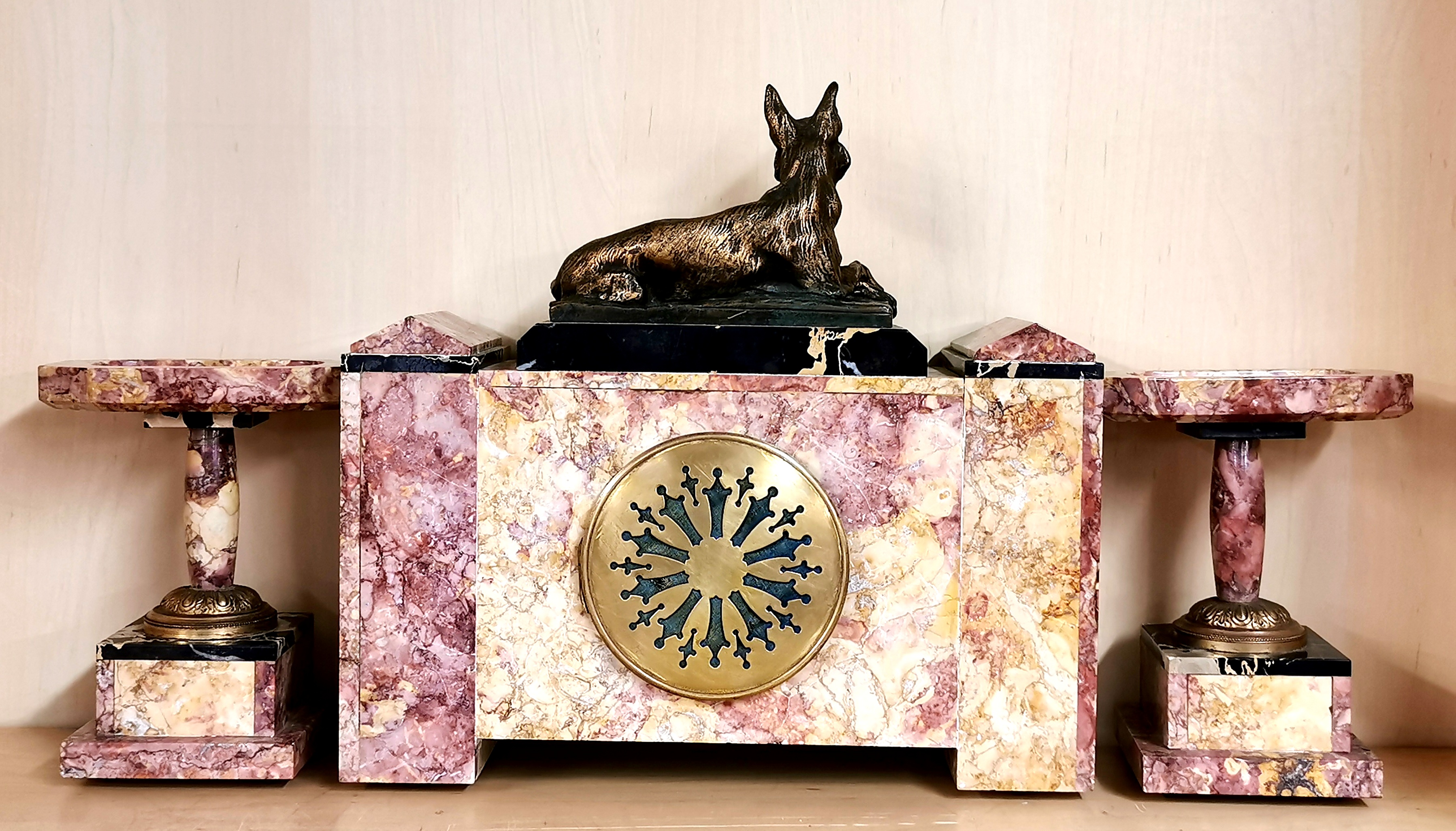 An Art Deco three piece marble clock garniture, H. 32cm. Condition: understood to be in good working - Image 3 of 4