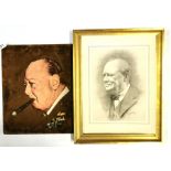 A hand painted portrait on velvet of Sir Winston Churchill, 31 x 38cm, together with a 1944 print of