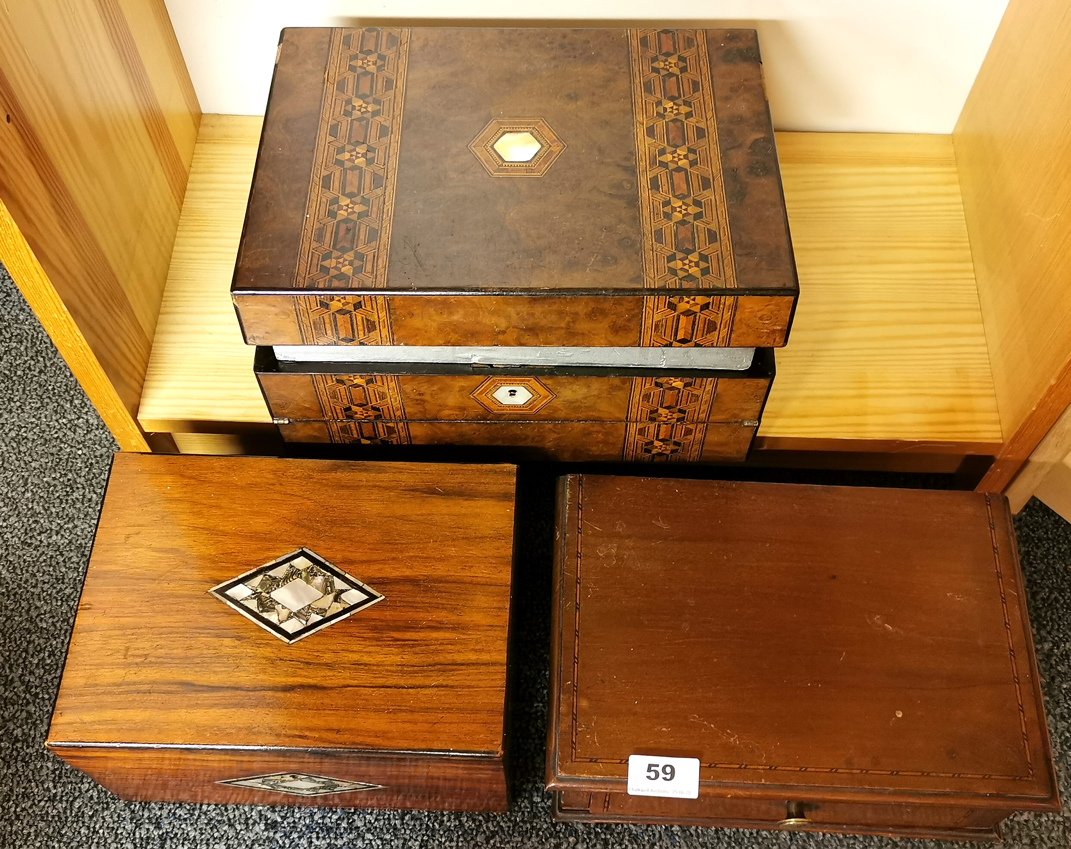 A 19th century Tunbridge inlaid work box / writing slope, size 30 x 22 x 15cm together with a - Image 2 of 4