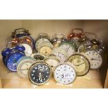 A collection of vintage alarm clocks.