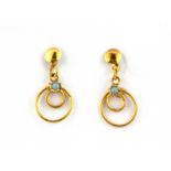 A pair of 22ct yellow gold (stamped 22) turquoise set drop earrings, L. 2cm.