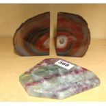 A polished blue John paperweight and a pair of agate geode bookends, H. 11cm.
