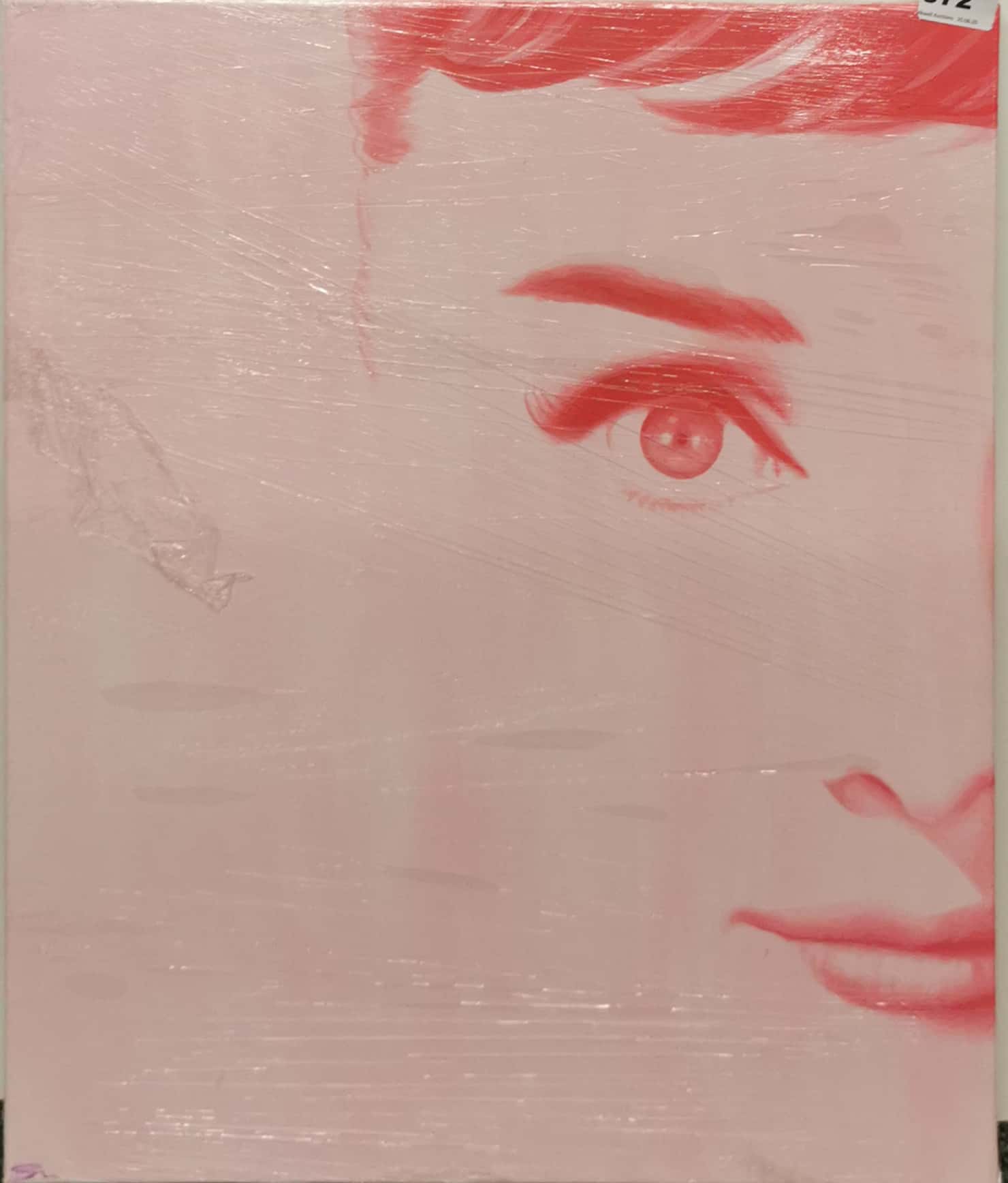 A Stephen Blades (Contemporary British) acrylic and silk portrait on canvas of Audrey Hepburn,