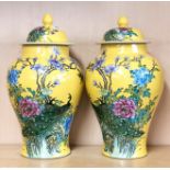 A pair of Chinese hand painted Imperial yellow porcelain jars and lids decorated with peacocks, H.