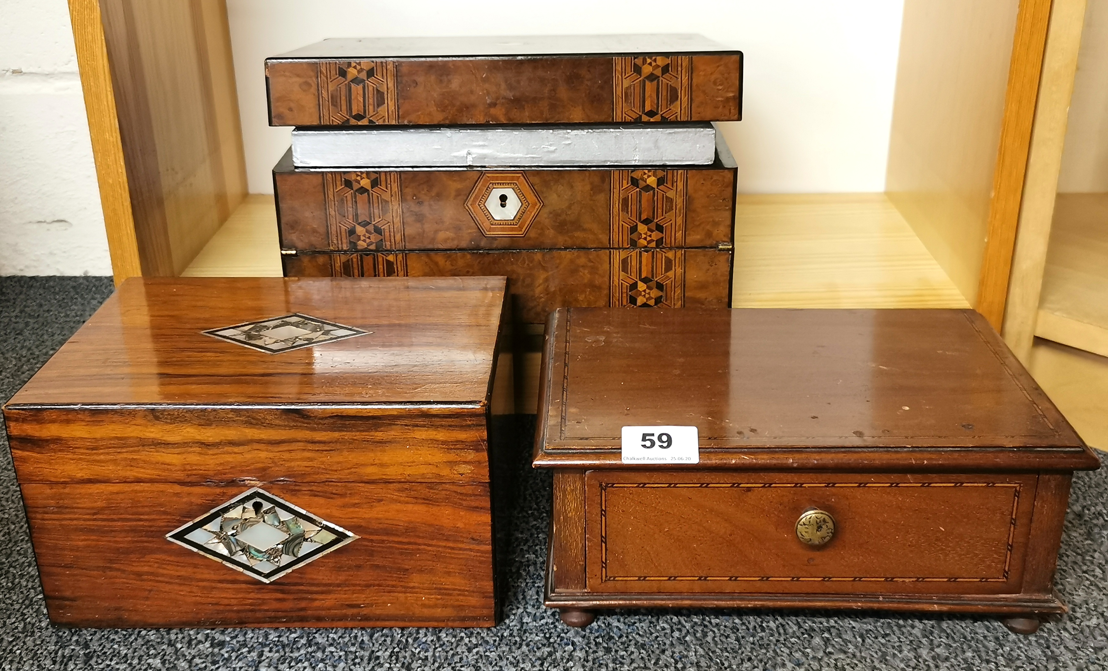 A 19th century Tunbridge inlaid work box / writing slope, size 30 x 22 x 15cm together with a