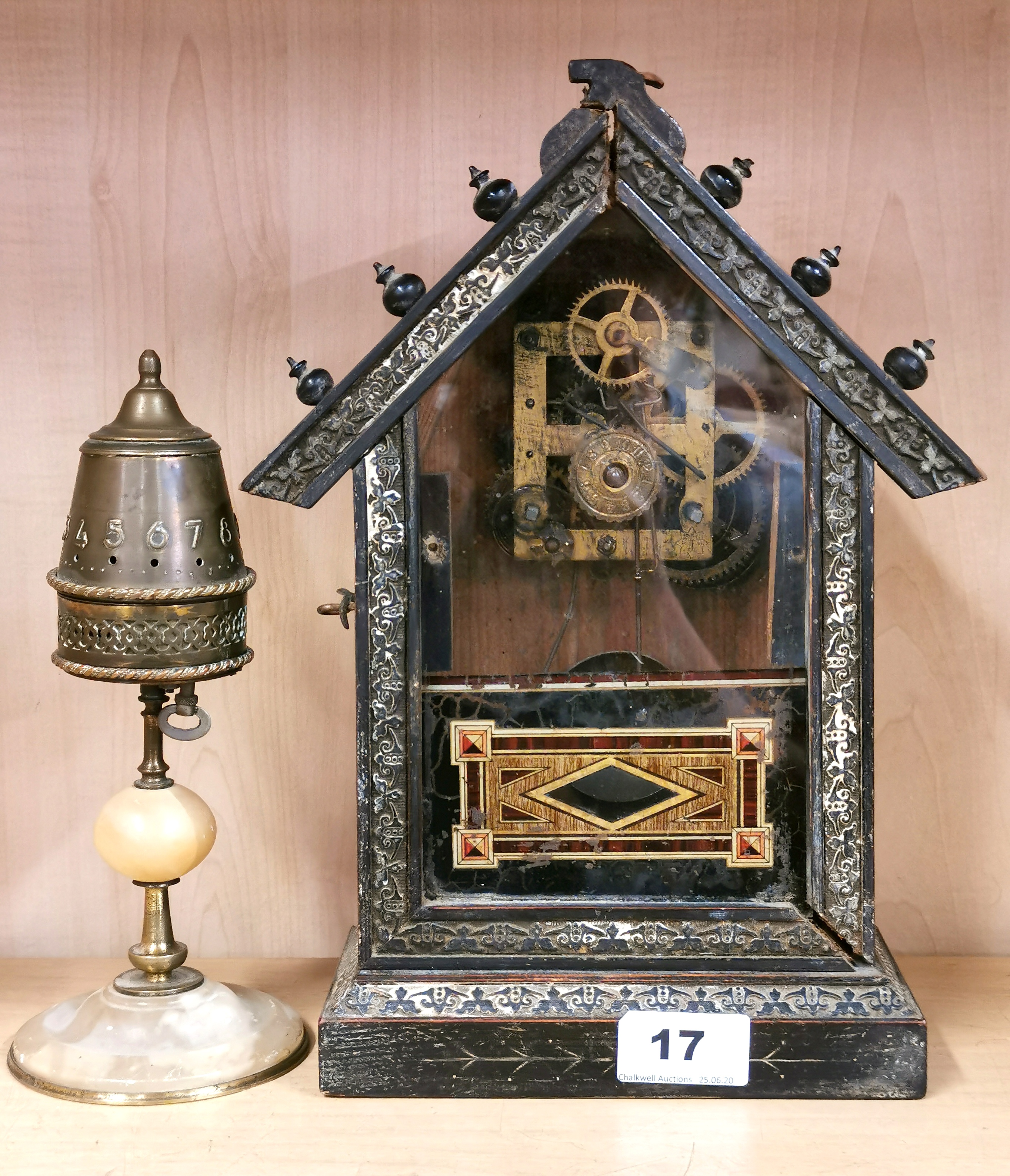 Two interesting antique clocks, tallest 30cm. Condition: working condition unknown.