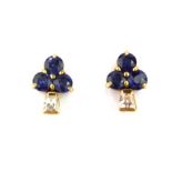 A pair of 14ct yellow gold earrings set with round cut sapphires and white stones, L. 1cm.