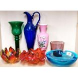 Three Murano glass bowls, largest Dia. 19cm and four other glass items.