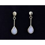 A pair of 9ct yellow gold opal set drop earrings, L. 2cm.