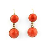 A pair of 18ct yellow gold (stamped 18) coral set drop earrings, L. 3cm.
