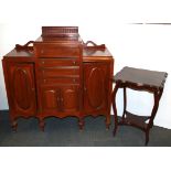 An unusual 1920's mahogany music cabinet, size 115 x 115cm, together with a mahogany side table.