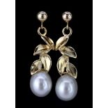 A 14ct yellow gold pearl set drop earrings, L. 2.5cm.