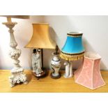 Four mixed table lamps and shades, three ceramic and one carved wood, tallest H. 105cm.