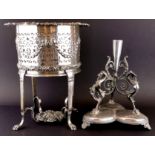 A large French silver plated magnum wine coaster, H. 26cm with a Victorian silver plated epergne