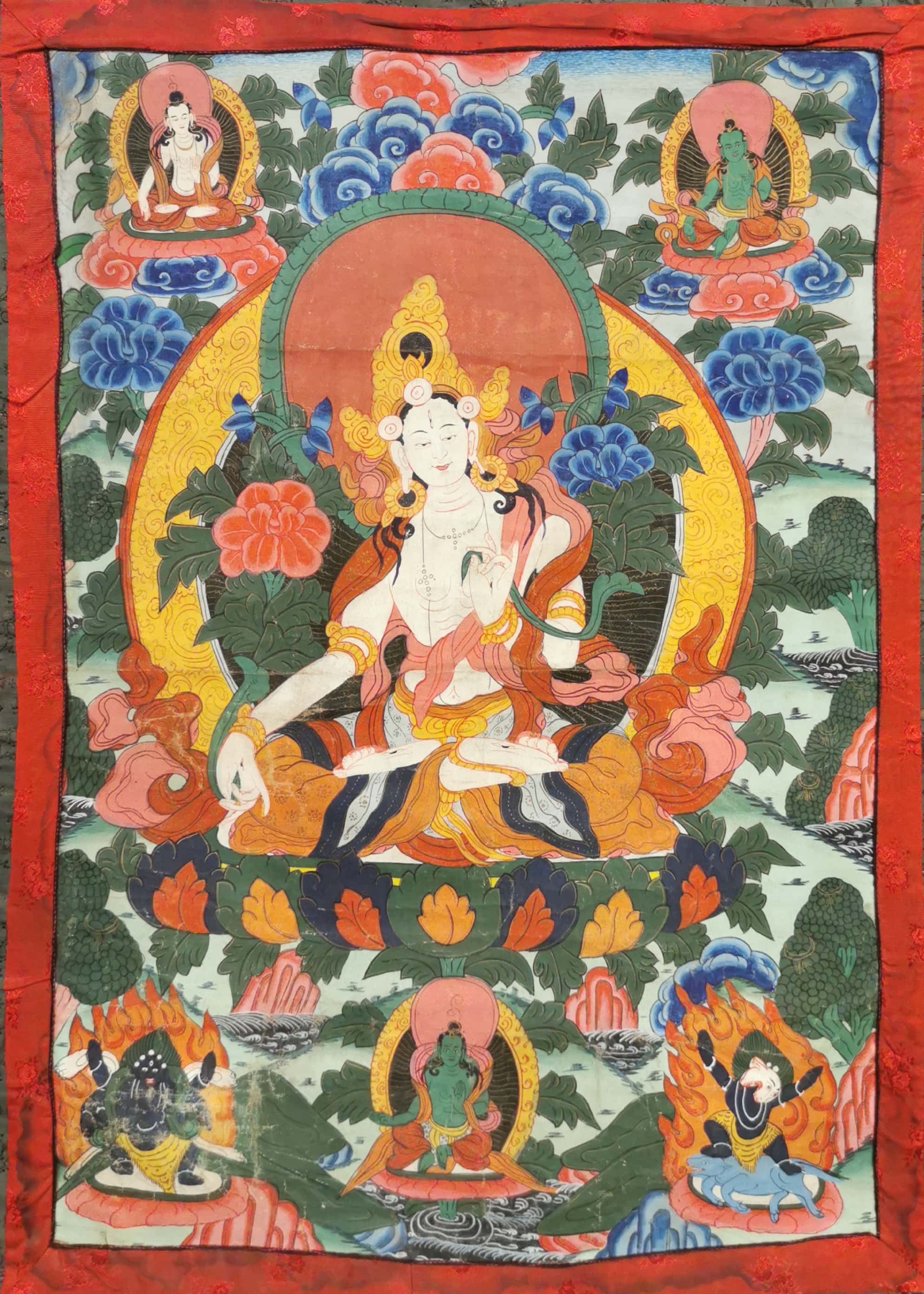 A Tibetan hand painted silk mounted Thangka of the White Tara, W. 83cm H. 120cm. Condition: good, - Image 3 of 3