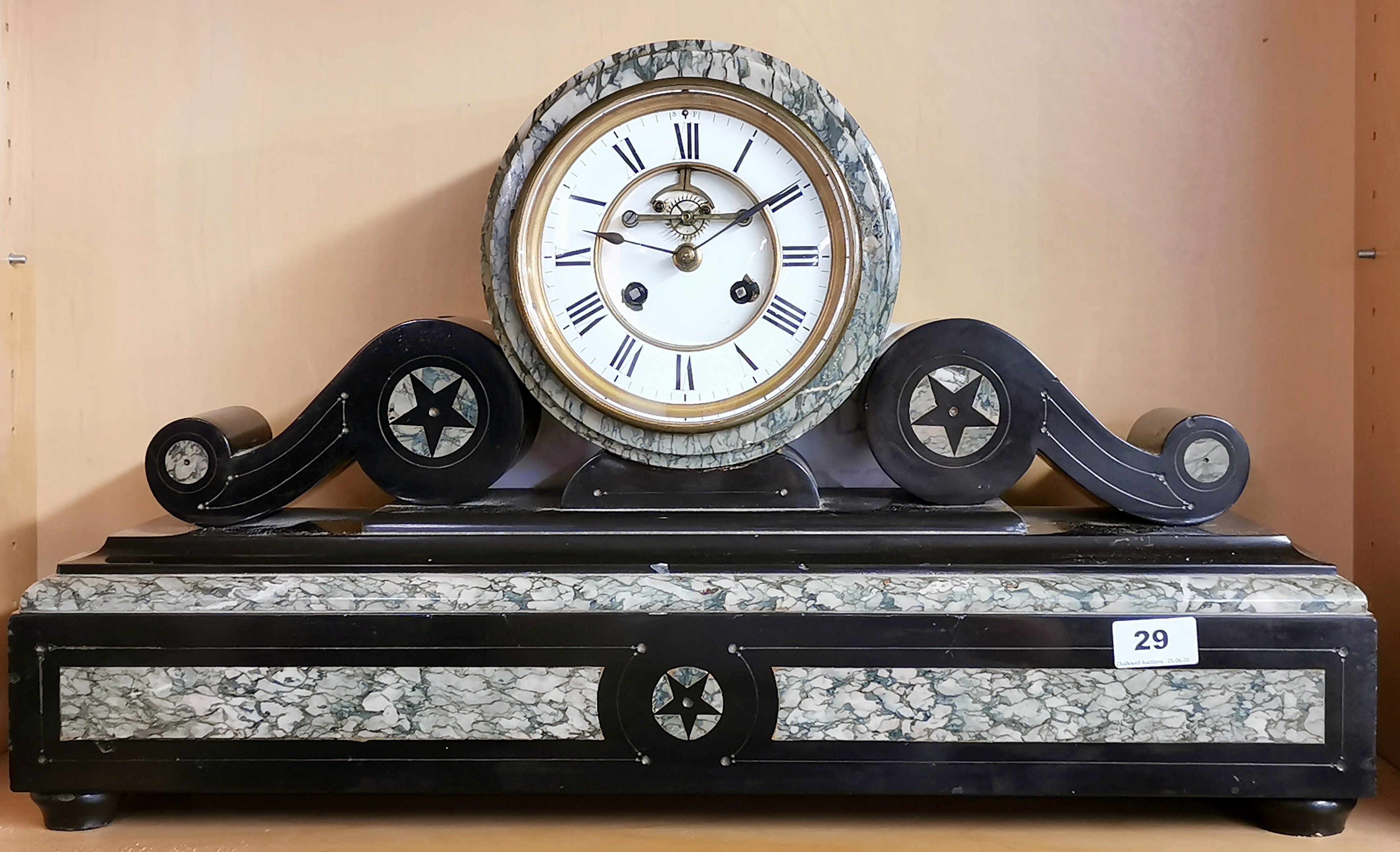 A large 19th century French marble and slate mantle clock, H. 38cm W. 64cm. Condition: working