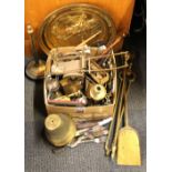 Three brass bells and a quantity of mixed interesting metal ware.