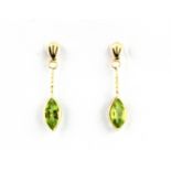 A pair of 9ct yellow gold marquise cut peridot set drop earrings, L. 2cm.