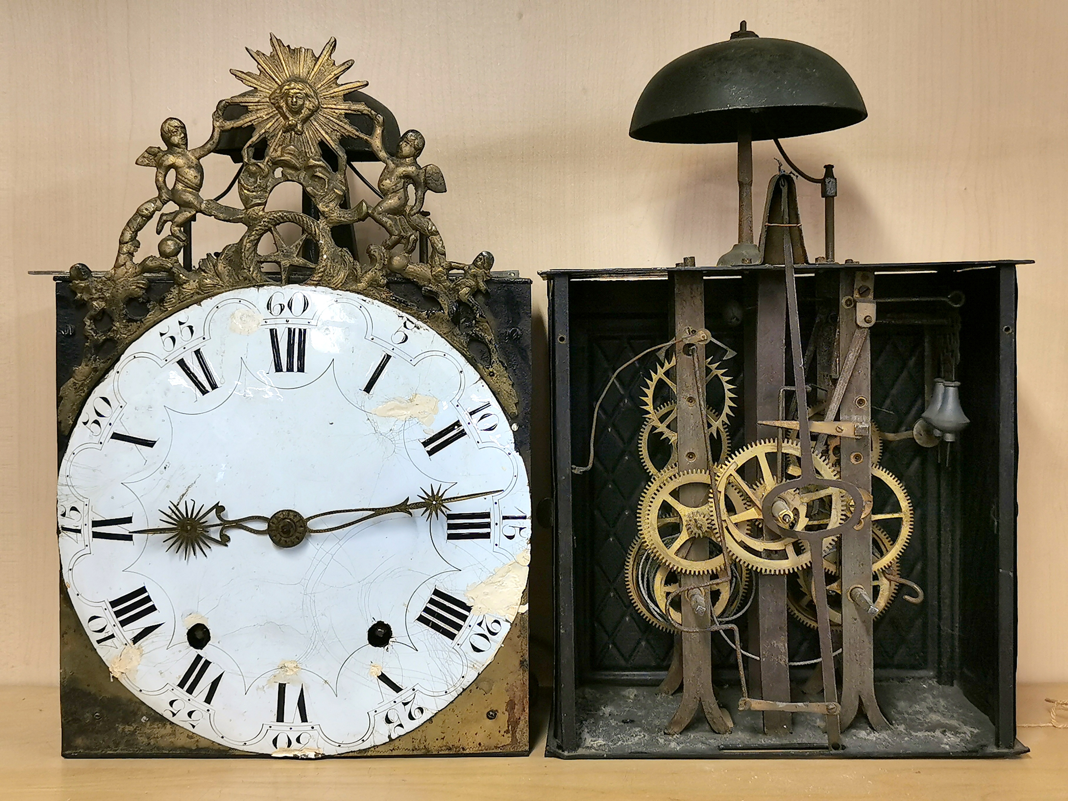 Three 19th century part clock movements, H. 38cm. - Image 2 of 5