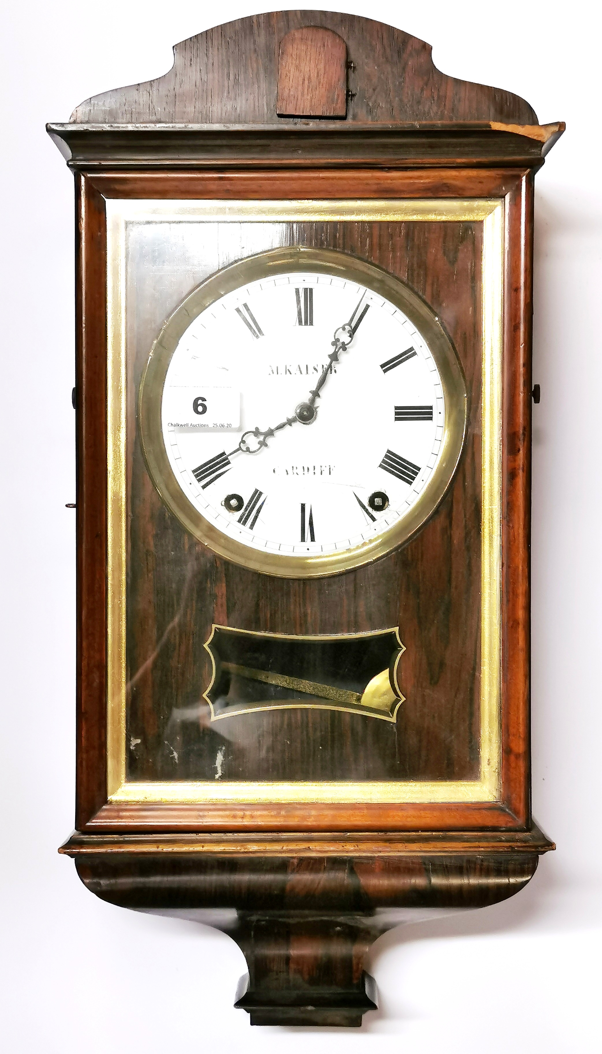 An early 19th century rosewood cased wall clock by M. Kaiser of Cardiff appears complete and