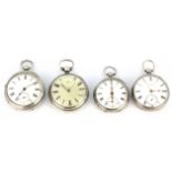 Four hallmarked silver open face pocket watches, Chester c. 1890 & 1899, London c. 1873 & 1881.