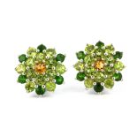 A pair of 925 silver earrings set with peridot, chrome diopside and citrines, Dia. 2cm.