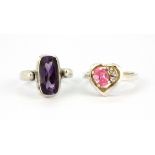 A 925 silver amethyst set ring with a further 925 silver stone set ring, (N & P).
