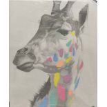 A Stephen Blades (Contemporary British) acrylic and silk portrait on canvas of a giraffe, size 50