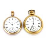 Two gold plated open face pocket watches. Condition : untested.