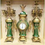 A French Art Nouveau three piece gilt and enamelled metal clock garniture, H. 62cm. Condition: