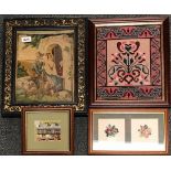 A framed 19th Century tapestry and three modern tapestries.