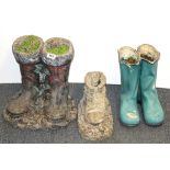 Two pairs of vintage garden boots and a single boot, tallest 33cm.