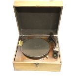 A vintage HMV portable record player, size 38 x 33 x 18cm. Condition : Not w/o.