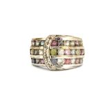 A 9ct white gold (stamped 9k) ring set with semi- precious stones, (M).