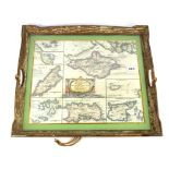 A vintage wooden tea tray inset with a Robert Morden map of the smaller islands in the British