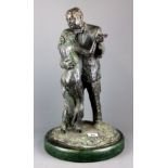 A lovely cast bronze figure of a mature couple dancing on a green marble base, H. 52cm.
