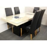A large glass topped marble dining table, size 180 x 100 cm, with five leather upholstered dining