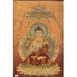 A Tibetan woven Thangka of a seated Buddha incorporating gilt thread, W. 61cm H. 90cm.