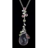 A matching 18ct white gold pendant and chain set with briolette cut rose quartz, diamonds, pink