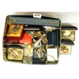 A tin of mixed watches, costume jewellery etc.