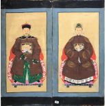A Chinese hand painted oil on canvas ancestor painting of a courtier with his two wives, W. 68cm, H.