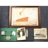 A framed print of the SS Minnetonka with a souvenir booklet and a part album of photographs taken on