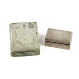 An unusual metal Masonic vesta case and a white metal pill box, vesta case size 6 x 4.5cm.