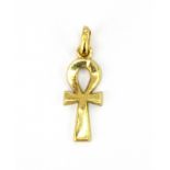 An Egyptian yellow metal (tested high carat gold) Ankh pendant, L. 2.5cm, approx. 2.2gr.