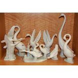 Seven porcelain Nao figures and one Lladro figure, all of geese and ducks, tallest 35cm.